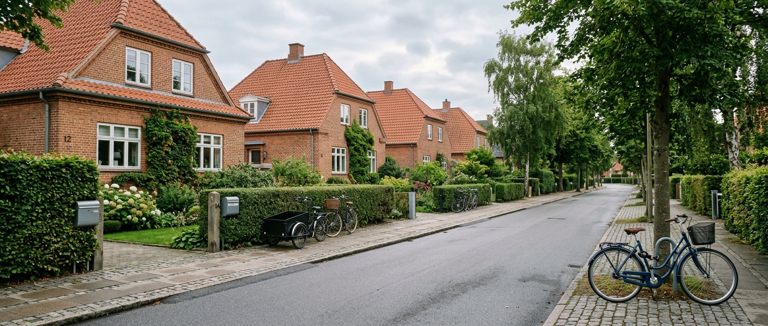 Villavej i Kongens Lyngby med røde murstensvillaer og høje træer