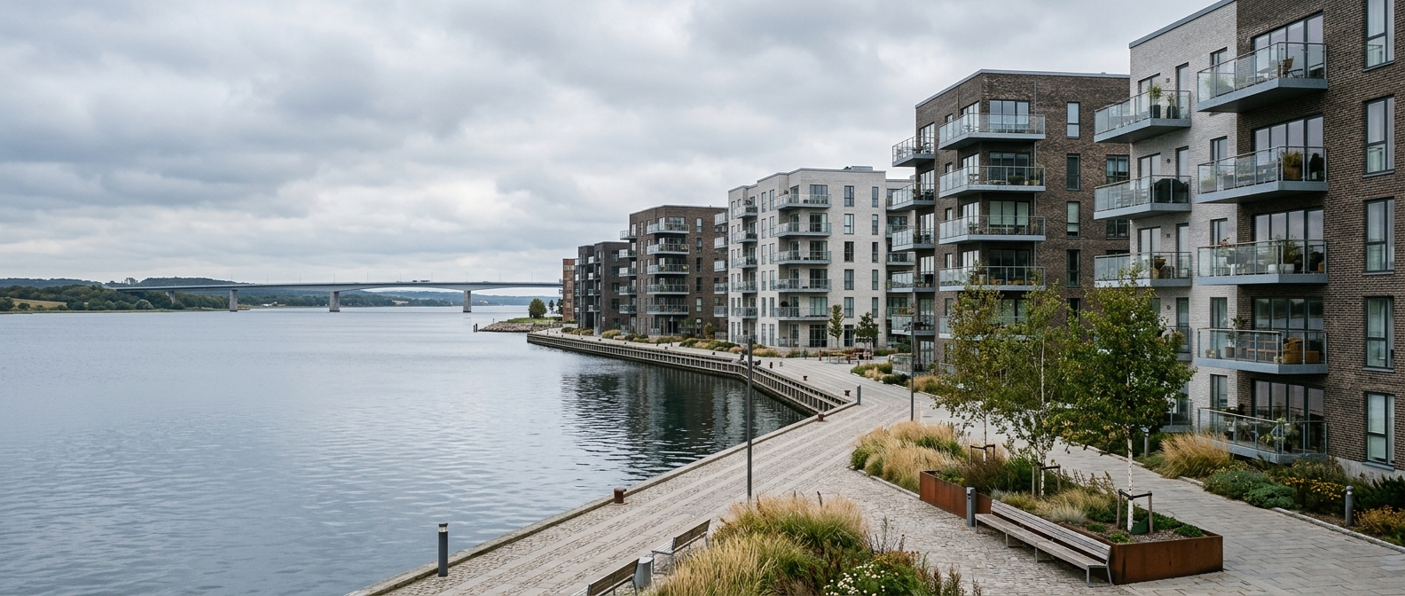 Boliger ved Limfjorden i Nørresundby med udsigt mod Aalborg