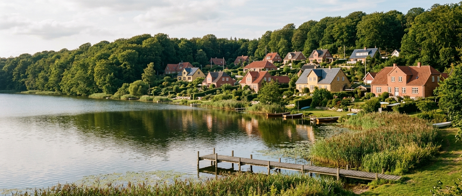 Villaer ved Skanderborg Sø med skov og vand i baggrunden