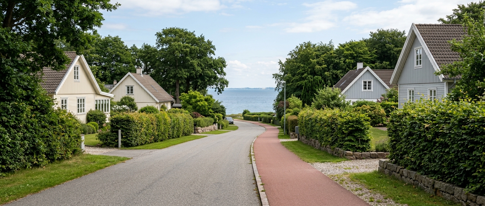 Villavej i Humlebæk med bøgetræer og udsigt mod Øresund