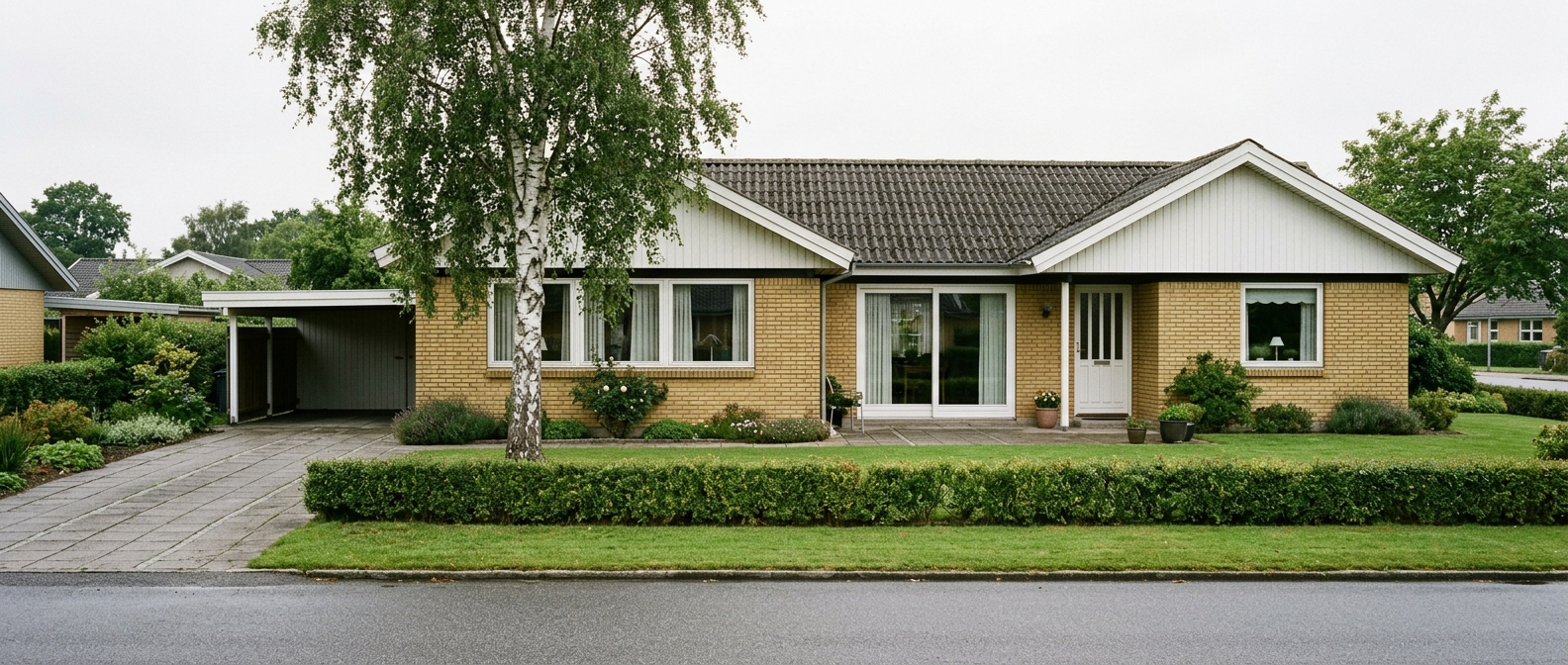 Dansk parcelhus med have set fra vejen
