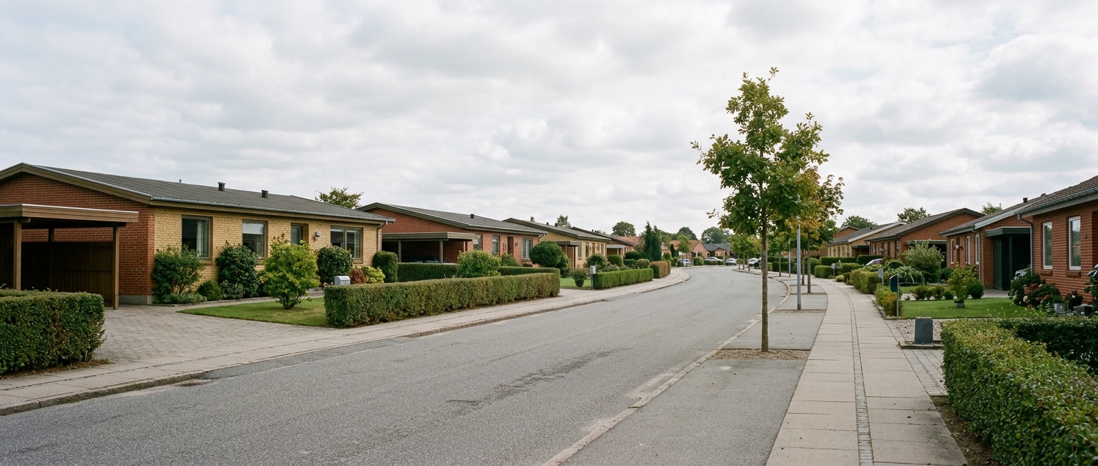 Parcelhuskvarter i Greve med ensartede villaer fra 1970erne