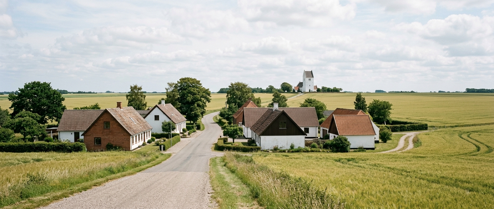 Landsbyhuse og åbne marker på Lolland